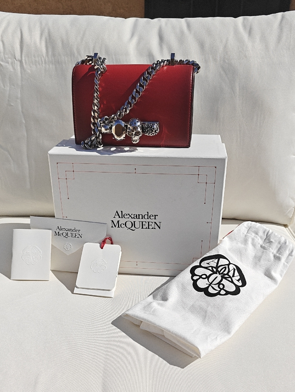 Alexander McQueen Red Leather Skull-Embellished Crossbody Bag with Silver Chain